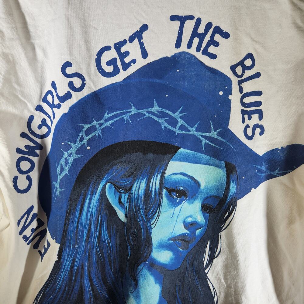 Broken Promises Even Cowgirls Get The Blues Graphic Tee White Medium NWOT